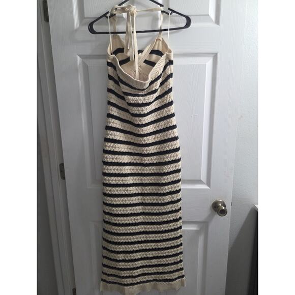 House of Harlow 1960 Crochet Beige Black Stripe Lined Halter Maxi Dress Small - Picture 7 of 12